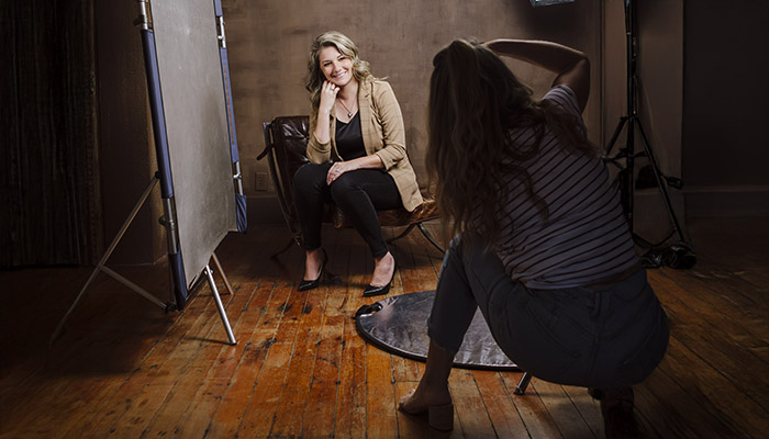 Woman photographed in studio with creative angle