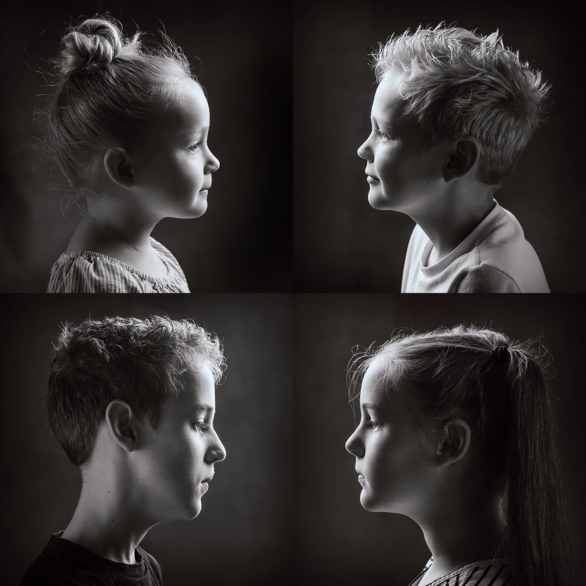 Black and White Profiles of Four Siblings Black and White Profiles of Four Siblings